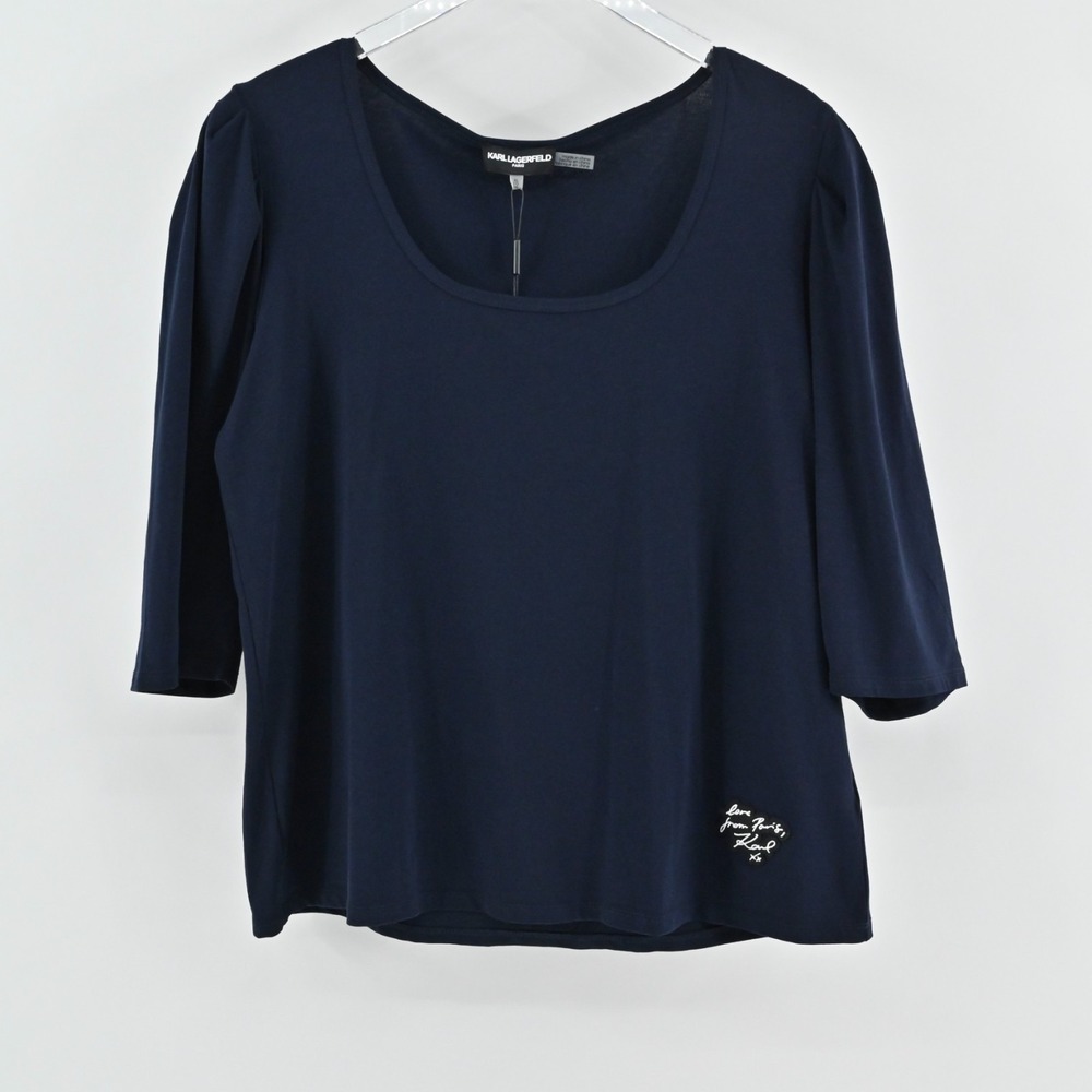 Karl Lagerfeld Womens Navy Blue Top Size XL Puff Sleeve Scoop‎ Neck Cotton NEW